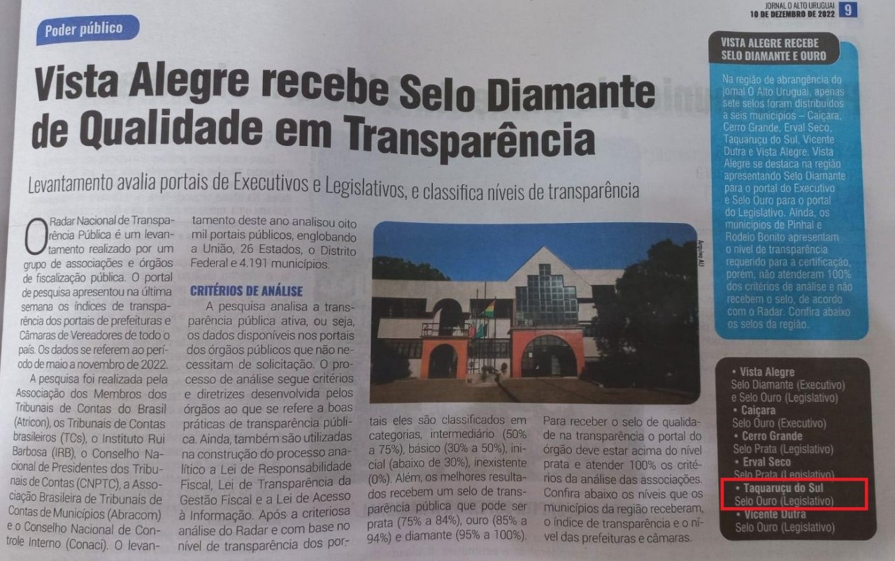 Legislativo de Taquaruçu do Sul recebe selo OURO de qualidade em transparência