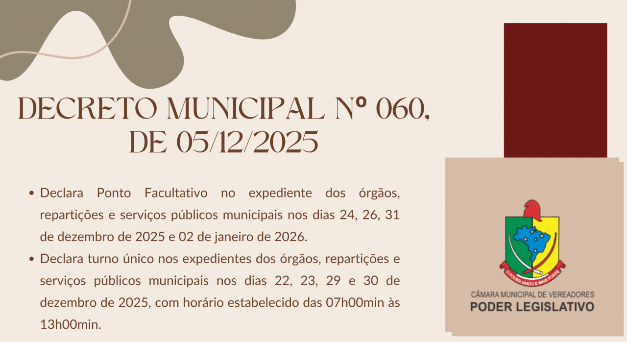 DECLARA PONTO FACULTATIVO E TURNO &Uacute;NICO NO EXPEDIENTE DOS SERVI&Ccedil;OS P&Uacute;BLICOS MUNICIPAIS