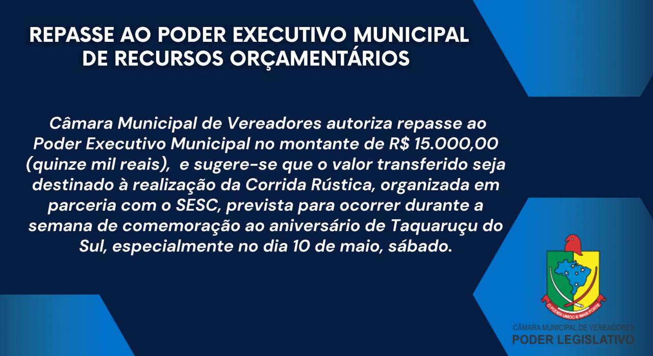 Repasse ao Poder Executivo Municipal de recursos orçamentários em disponibilidade da Câmara de Vereadores