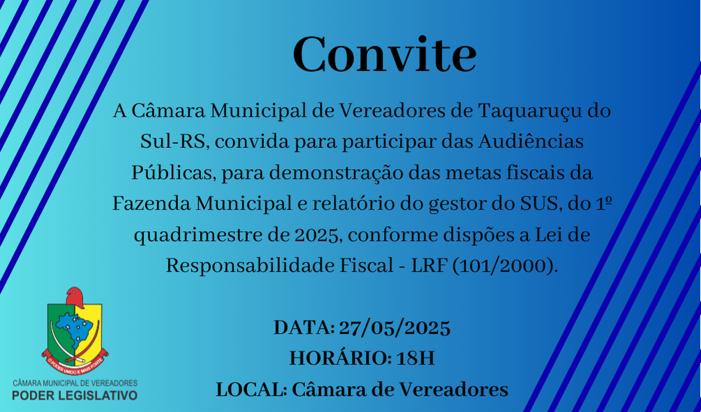 CONVITE AUDIÊNCIAS PÚBLICAS 1º QUADRIMESTRE DE 2025 - DIA 27/05/2025